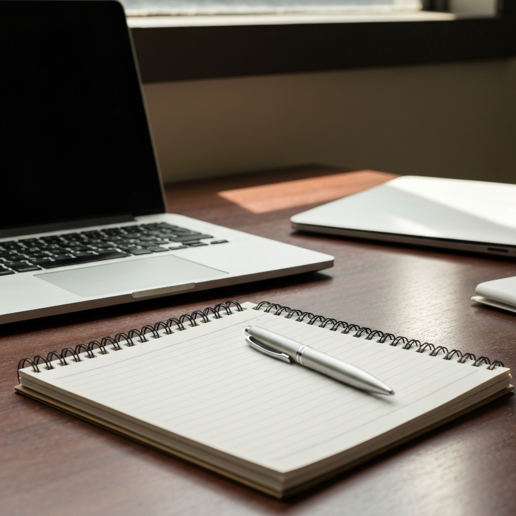 A well-organized office desk with a laptop, a notepad, and a pen. Natural light streaming in from a nearby window, creating soft shadows.