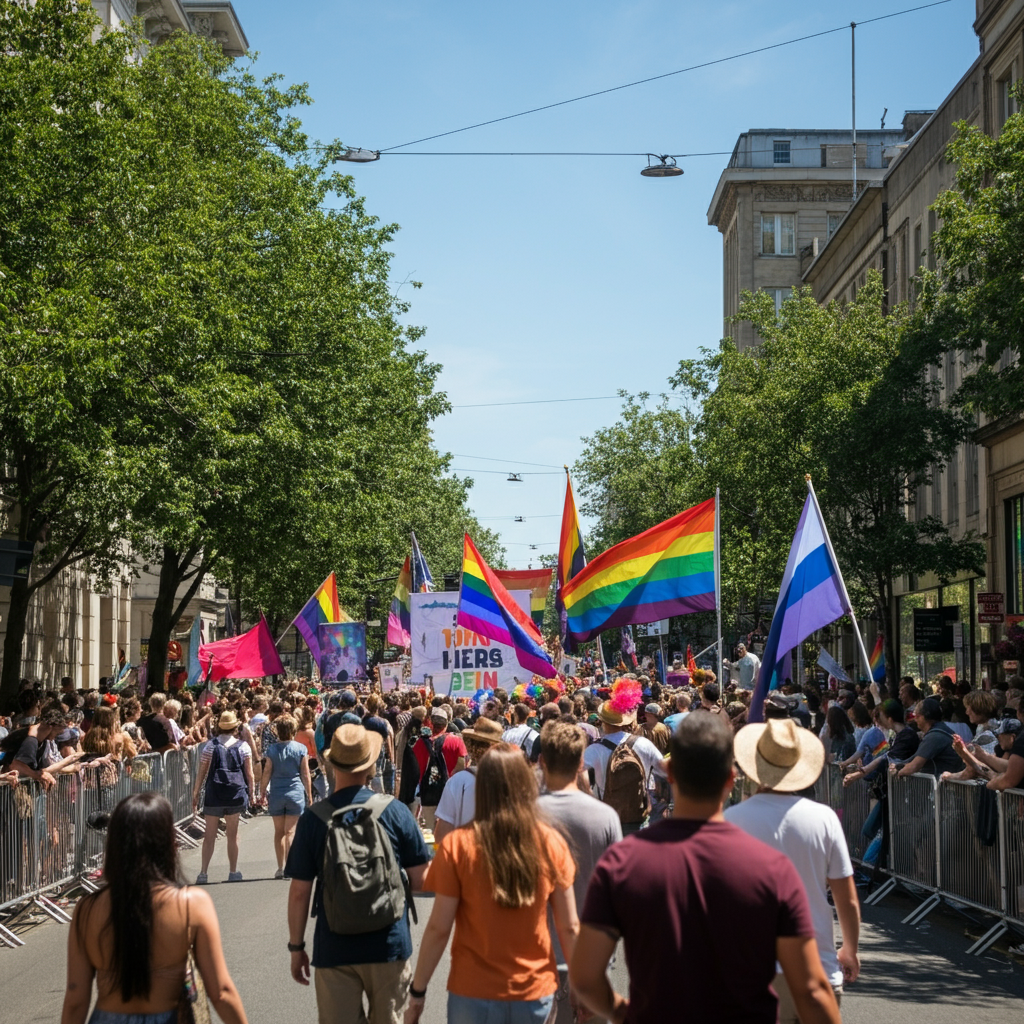 A crowded street during a Pride parade, focusing on the colorful flags and banners. Bright, sunny day with clear blue skies.