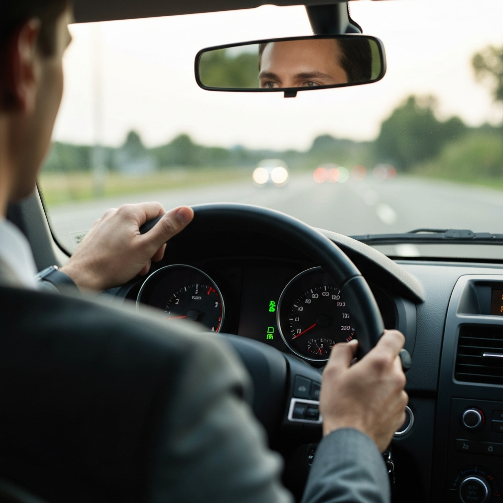 Close-up of a driver's hands on the steering wheel, focusing on the dashboard with gauges illuminated. Soft bokeh background shows the road ahead during daytime.