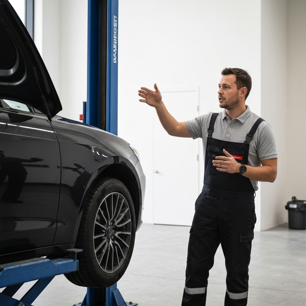 A mechanic standing beside a car on a lift, gesturing towards the front wheel well. The lighting is bright and even, showcasing the mechanic's confident posture.