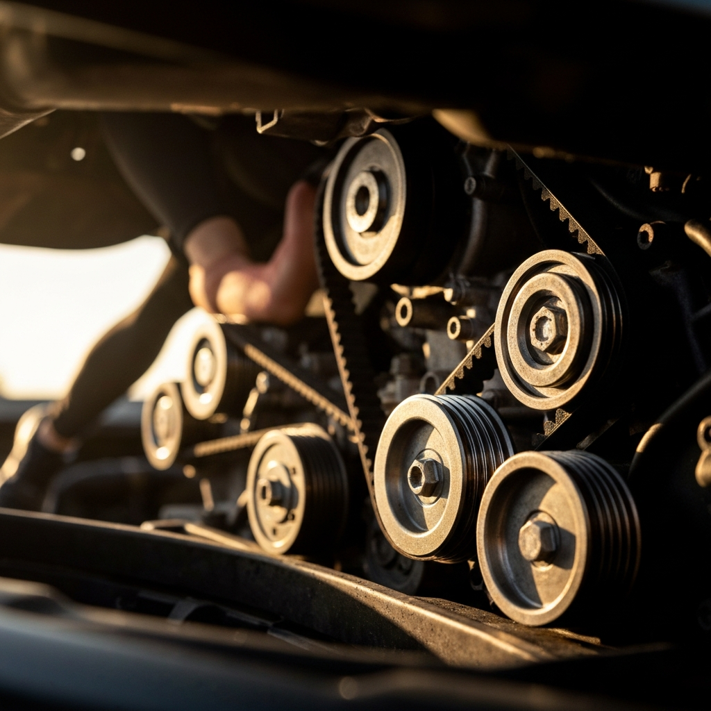 Close-up of a serpentine belt running around various pulleys in an engine bay. The lighting highlights the texture of the belt and the surrounding engine components.