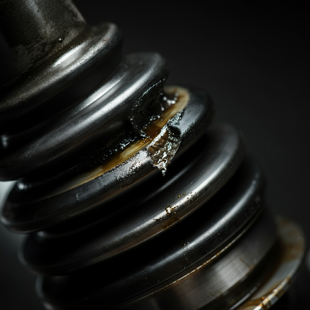 Close-up of a torn CV boot with grease splattered around it. The lighting is focused on the tear, emphasizing the damage.