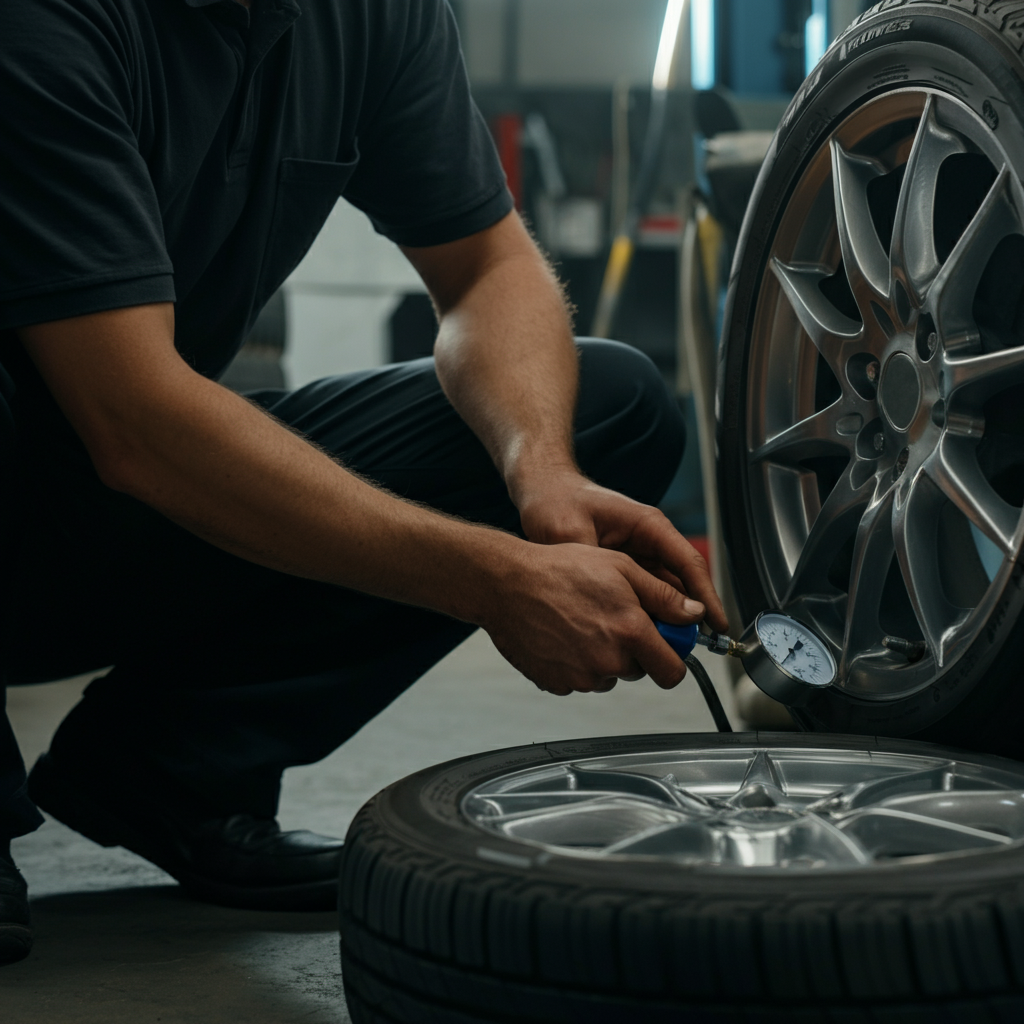 A mechanic using a tire pressure gauge to check the pressure of a tire. The scene is brightly lit, highlighting the tire's tread and the mechanic's focused expression.