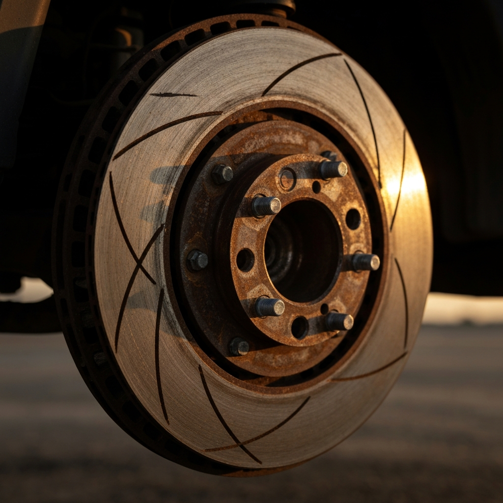 A close-up of a severely damaged brake rotor with deep grooves and rust. The lighting is harsh, emphasizing the extent of the damage.