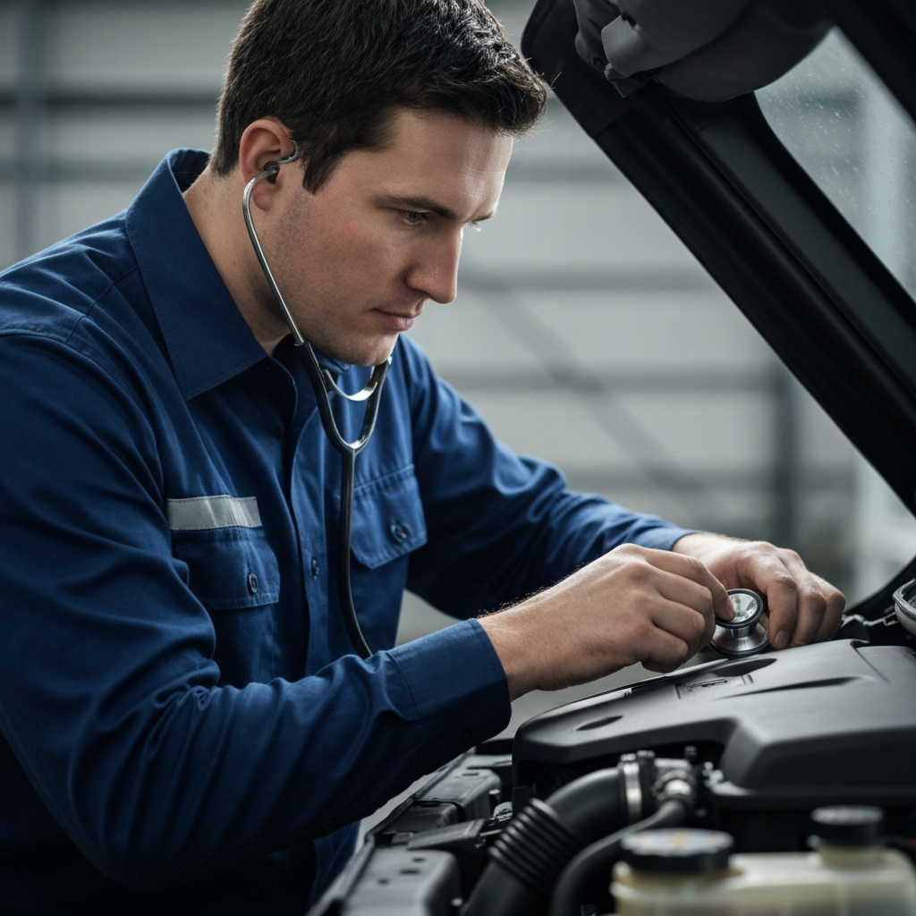 A mechanic using a stethoscope to listen to the engine. The mechanic's expression is focused, and the lighting is bright, showcasing the engine components.