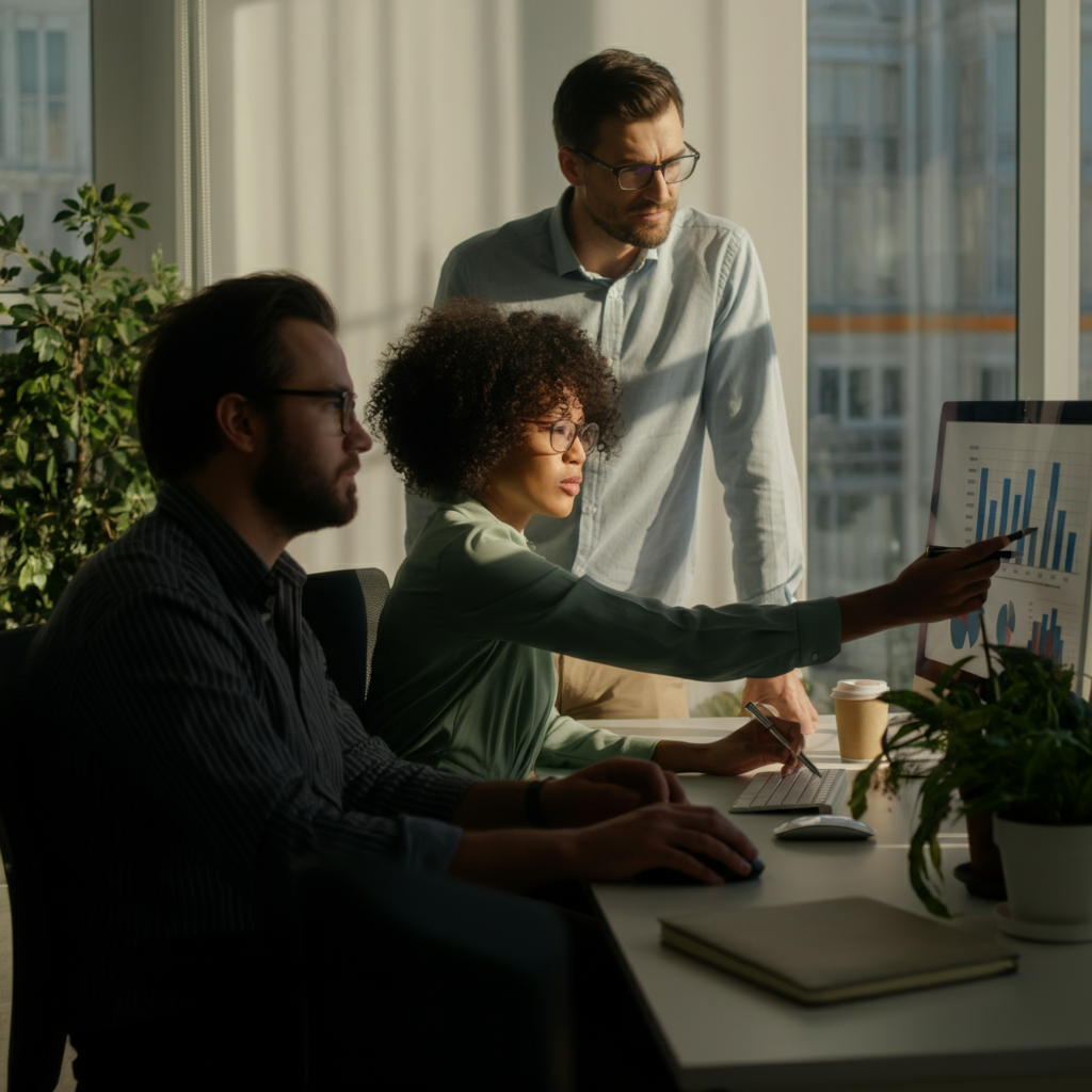 A sunlit office with a diverse team of three people collaboratively analyzing charts and graphs on a large screen. Soft bokeh on the background, capturing the subtle texture of office plants.