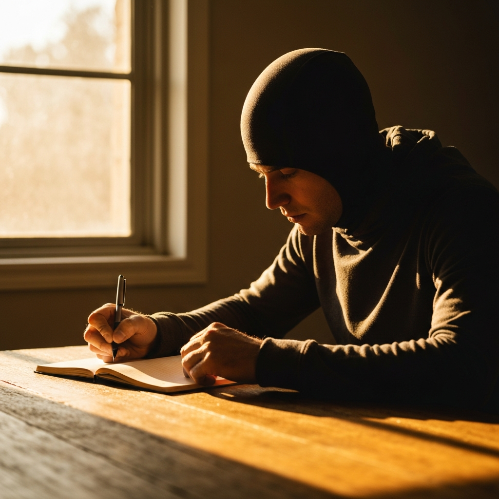 A person sitting at a wooden desk, intently writing in a notebook with a pen. Golden hour lighting streaming through the window, side-lit textures on the desk and notebook.