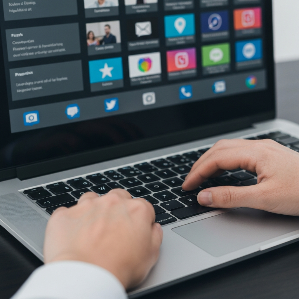 Hands typing on a laptop keyboard. The screen displays various social media platforms in the background with a shallow depth of field.