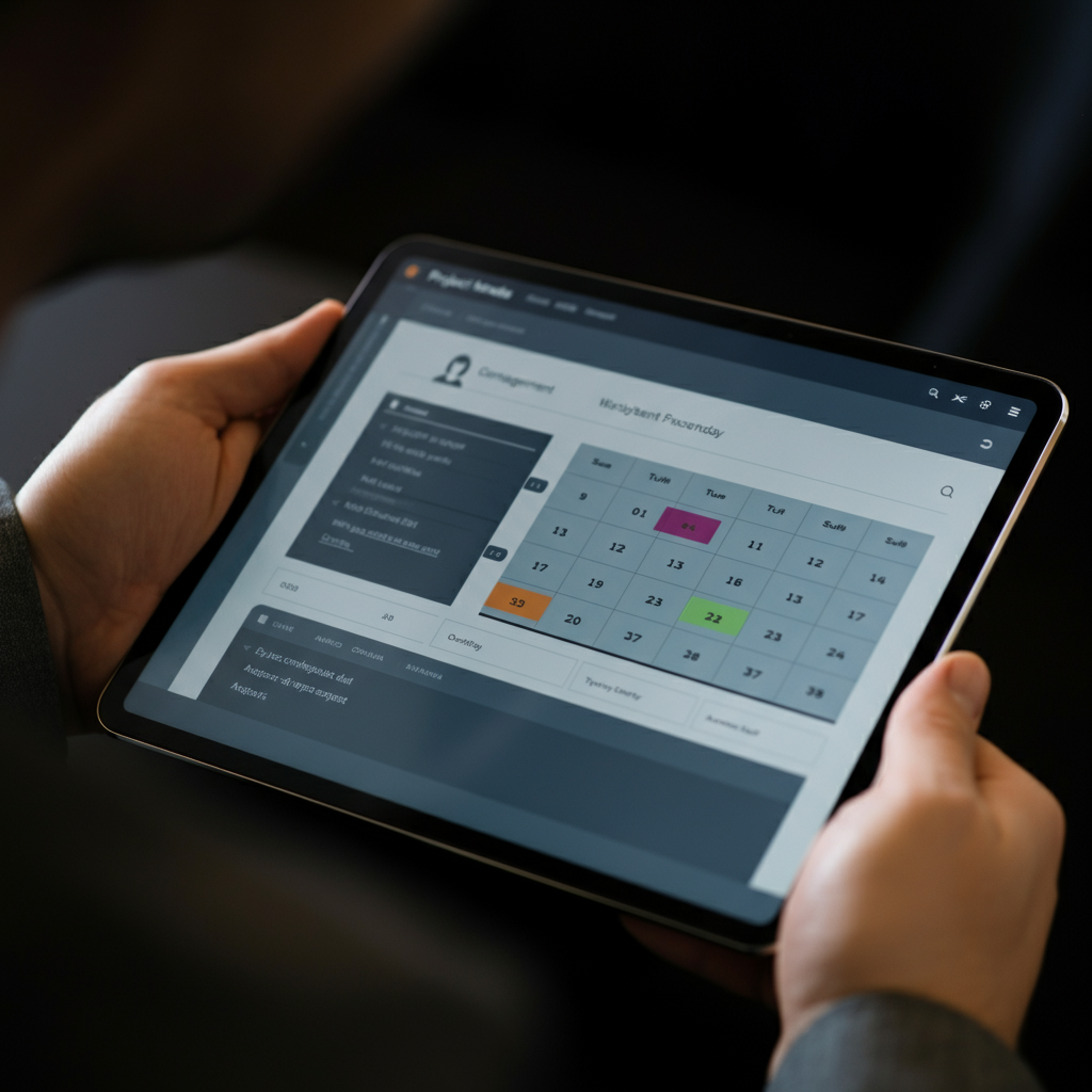 A close-up of a digital tablet displaying a project management application featuring a detailed content calendar. Focus on the colorful grid layout and task assignments.