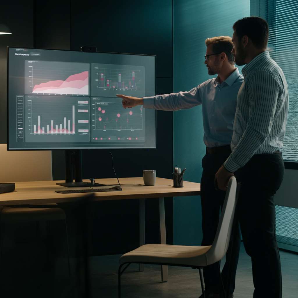 Two people in a modern office, one pointing at a dashboard on a large monitor. Soft, diffused light with professional attire.
