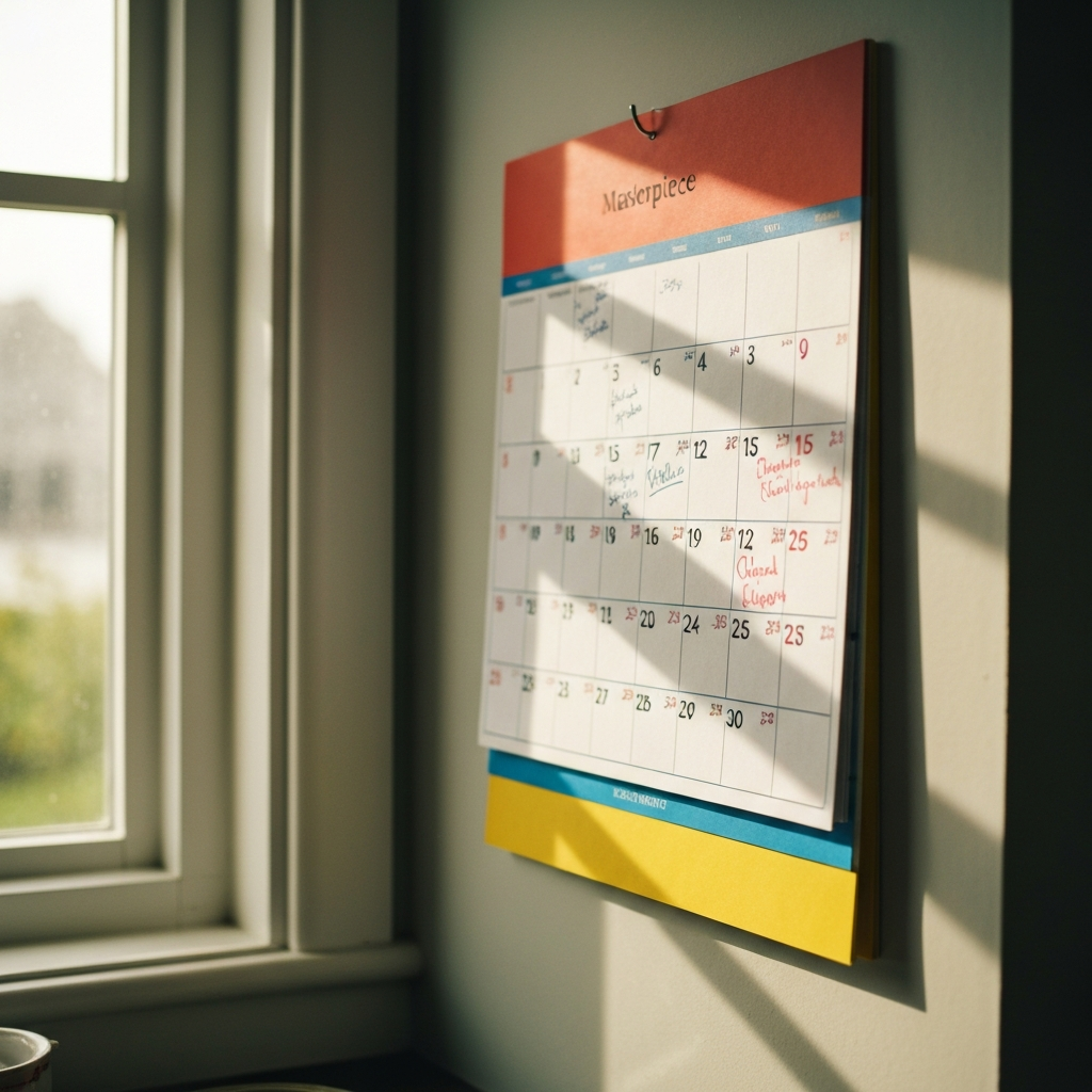 Close-up shot of a brightly colored wall calendar hanging in a family kitchen. The calendar is filled with handwritten entries, some in different colors. Soft, natural light streams in from a nearby window, highlighting the textured paper of the calendar.