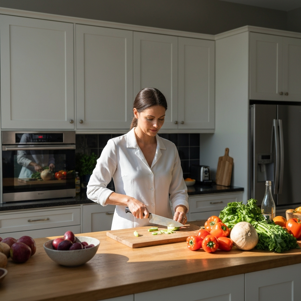 A woman is shown in a bright and airy kitchen, chopping vegetables at a large wooden cutting board. The kitchen is well-organized and equipped with modern appliances. Sunlight illuminates the scene, highlighting the vibrant colors of the fresh produce.