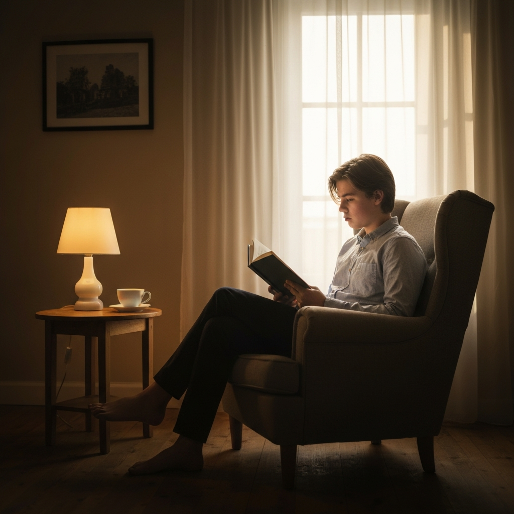 A teenager is shown sitting comfortably in an armchair in a cozy living room, reading a book. Soft, warm light filters through a nearby window, creating a calming and inviting atmosphere. A small table with a lamp and a cup of tea is next to the armchair.
