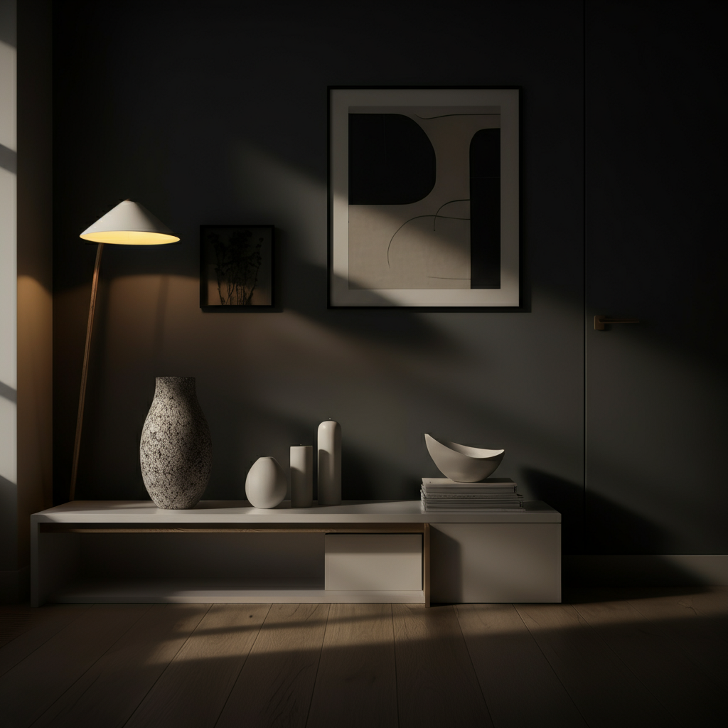 A clean and organized living room is shown, with minimalist furniture and neatly arranged decorations. Natural light streams through a large window, highlighting the uncluttered surfaces and the sense of spaciousness.