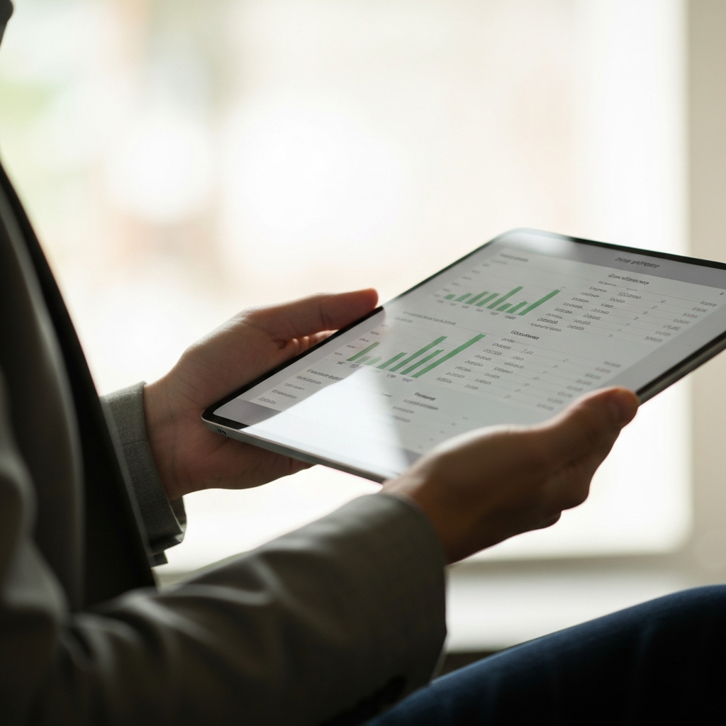 Close-up of a hand holding a tablet displaying survey results, soft bokeh in the background, natural light filtering through a window.