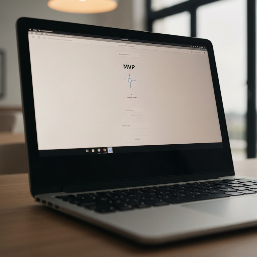 A laptop screen displaying a simple, clean user interface of an MVP application. The keyboard is slightly blurred in the foreground, warm ambient lighting.