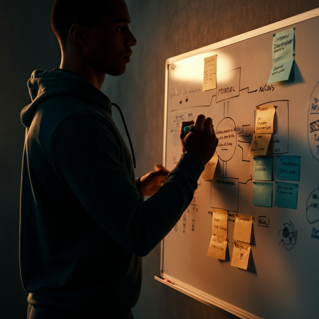 A whiteboard displaying a business model canvas with handwritten notes and sticky notes, side-lit with a warm glow, emphasizing textures of the board and markers.