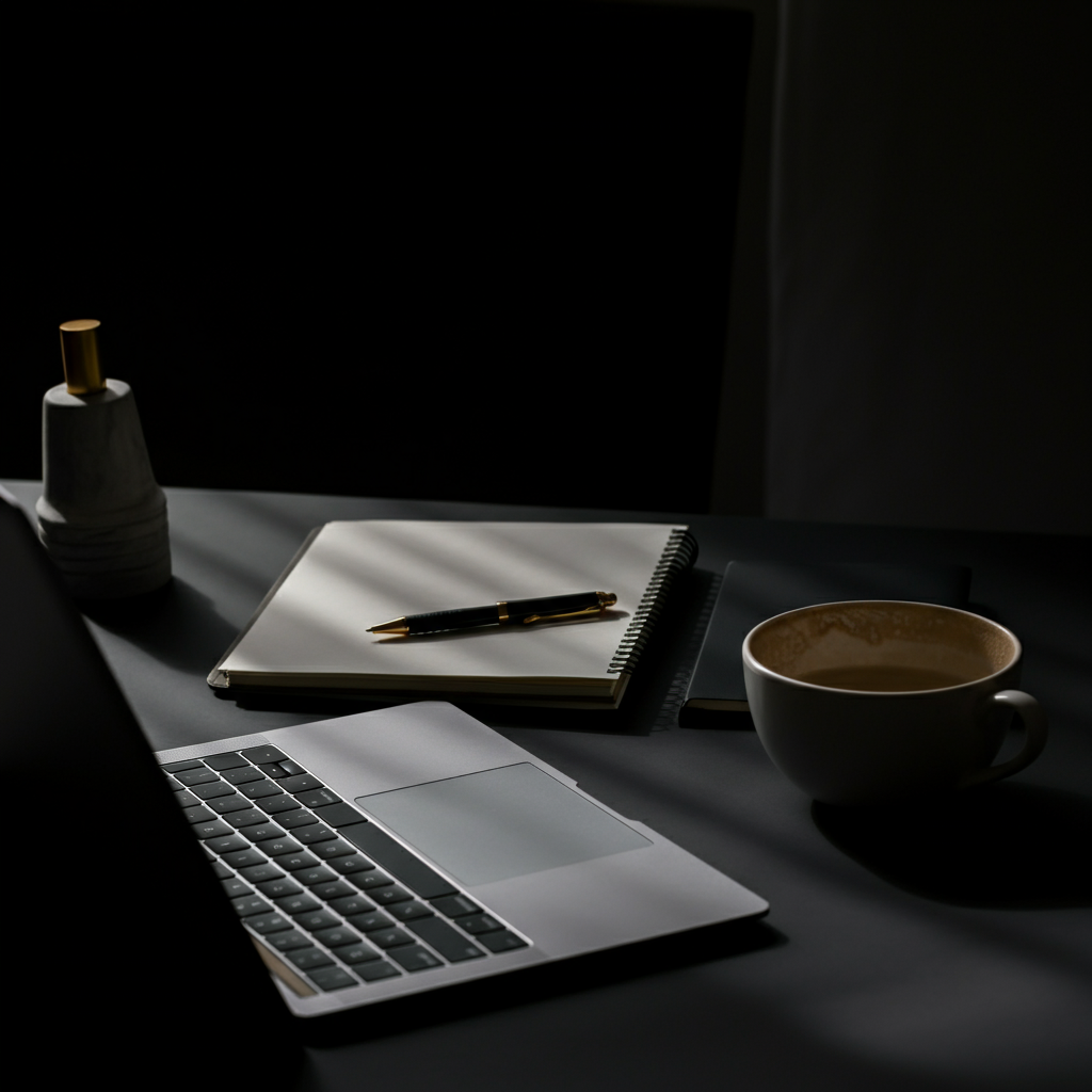 A well-organized home office setup with a laptop, notebook, and pen. Natural light coming from a window, creating a calm and productive atmosphere.