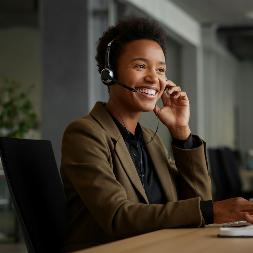 A person smiling and talking on a headset, sitting at a desk in a modern office. Soft, diffused lighting, highlighting the person's friendly expression.