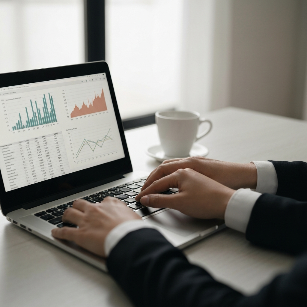 Hands typing on a laptop keyboard, displaying a spreadsheet with financial data and graphs. Soft, focused lighting on the screen and hands.