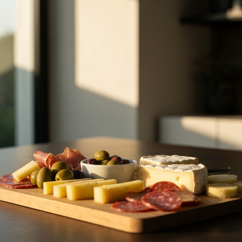 Close-up shot of a charcuterie board. Focus is on the textures of the various cheeses, meats, and olives. Golden hour lighting illuminates the scene, casting soft shadows.