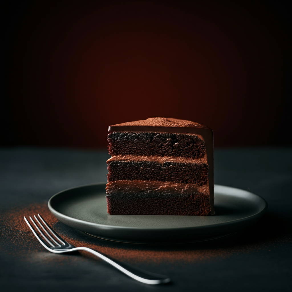Close-up shot of a slice of chocolate cake on a dessert plate. A fork rests beside the plate. Soft side lighting highlights the rich texture of the cake.