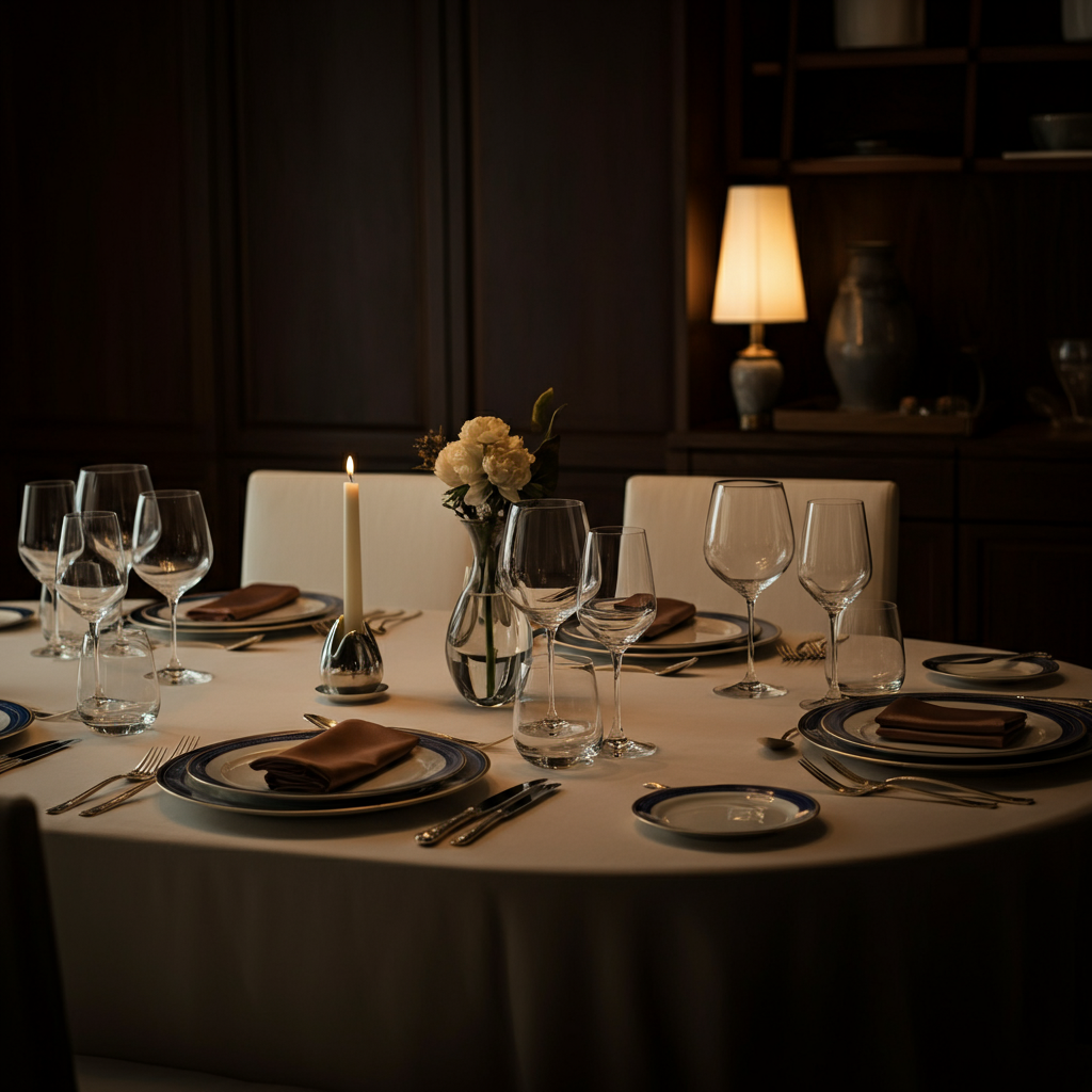 A dining table is meticulously set with fine china, silverware, and crystal glassware. A vase of fresh flowers sits in the center of the table. Soft candlelight creates a warm and inviting atmosphere.