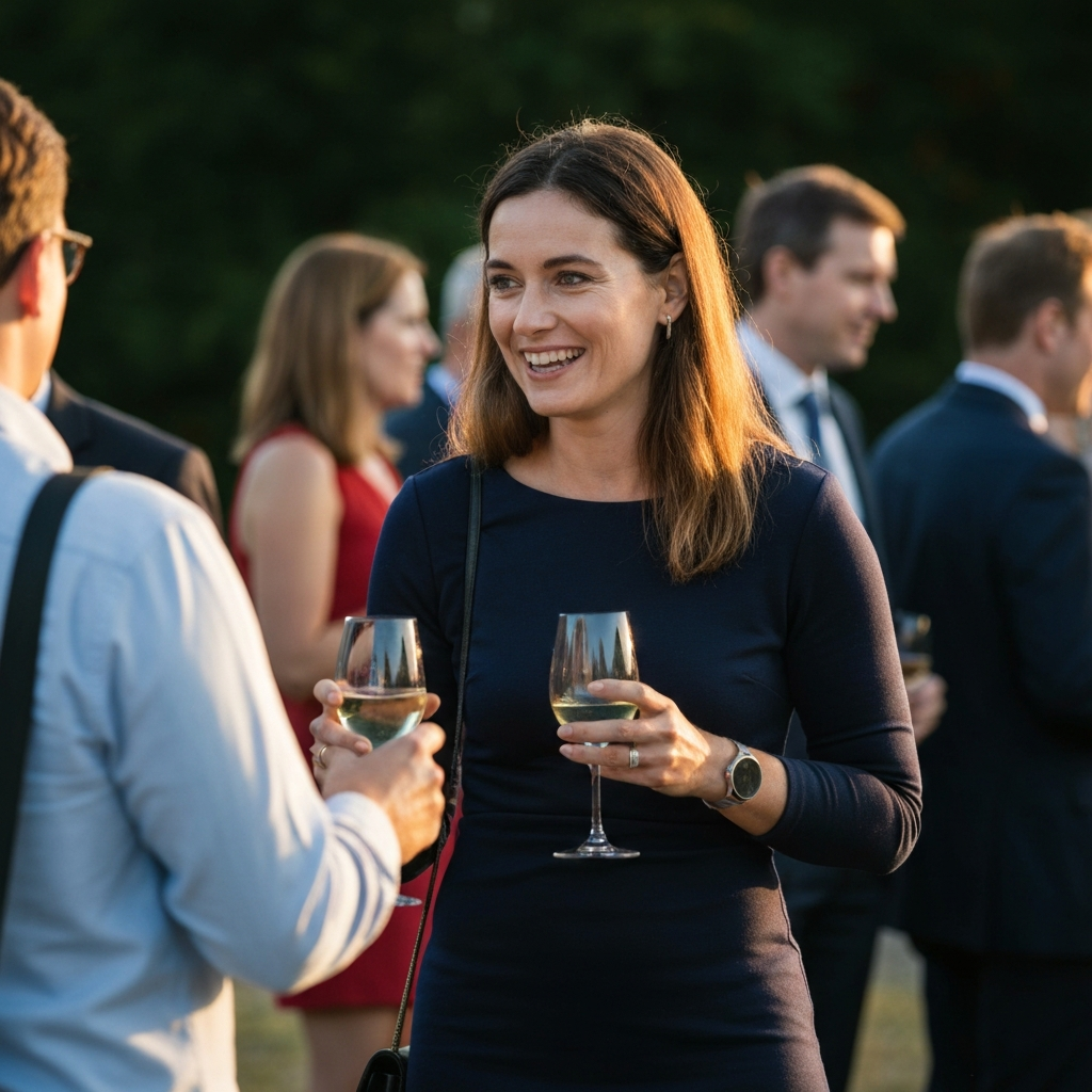 A woman in an elegant dress is chatting animatedly with a guest. She holds a wine glass in her hand and smiles warmly. The background shows other guests mingling and enjoying the party.