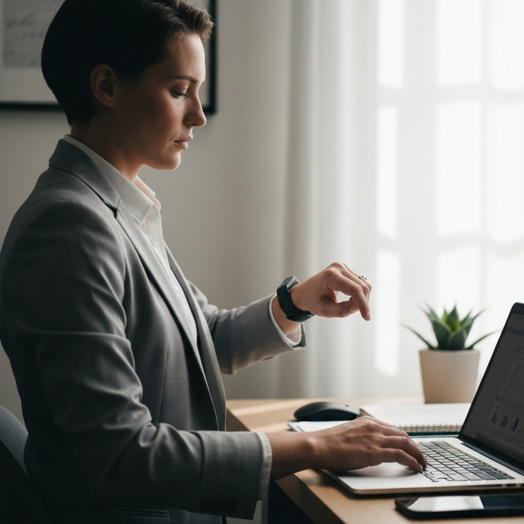 A person in a well-lit, minimalist home office is using a fitness tracker on their wrist while inputting data into a laptop. Soft, diffused light from a window illuminates the scene.