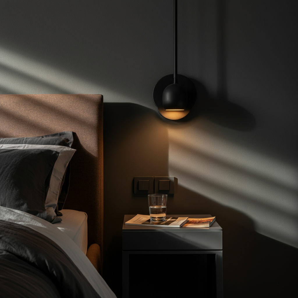 A bedroom interior with soft, warm lighting. Focus on details like a plush comforter, blackout curtains, and a bedside table with a book and a glass of water. A subtle golden hour light streams through a partially open window.