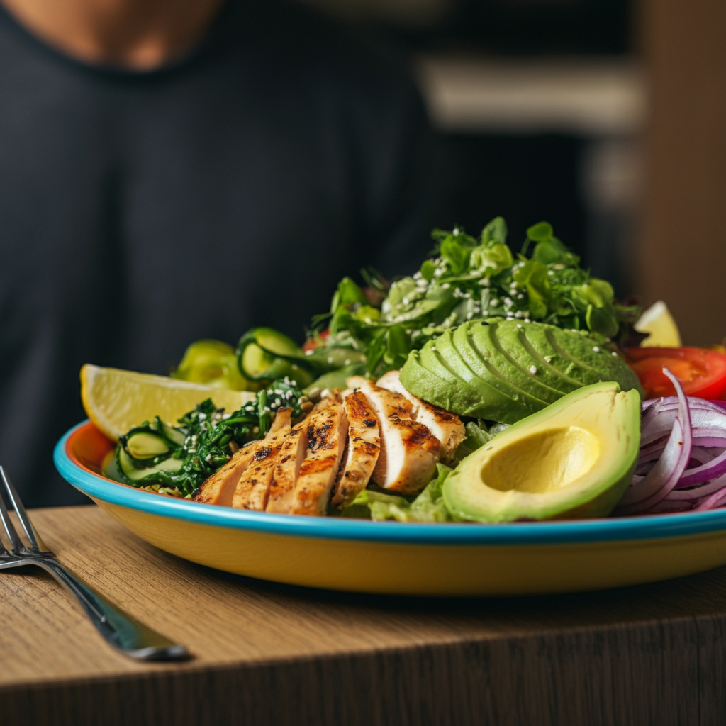 A close-up shot of a colorful plate filled with fresh vegetables, grilled chicken, and avocado. The lighting is bright and natural, highlighting the textures and vibrant colors of the food.