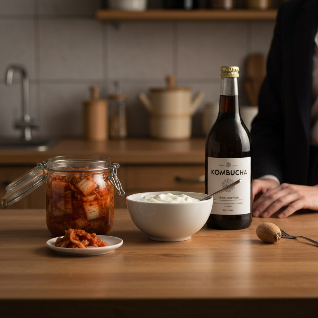 A kitchen countertop featuring a selection of fermented foods, such as a jar of kimchi, a bowl of yogurt, and a bottle of kombucha. The lighting is warm and inviting, with a focus on the textures and colors of the food.