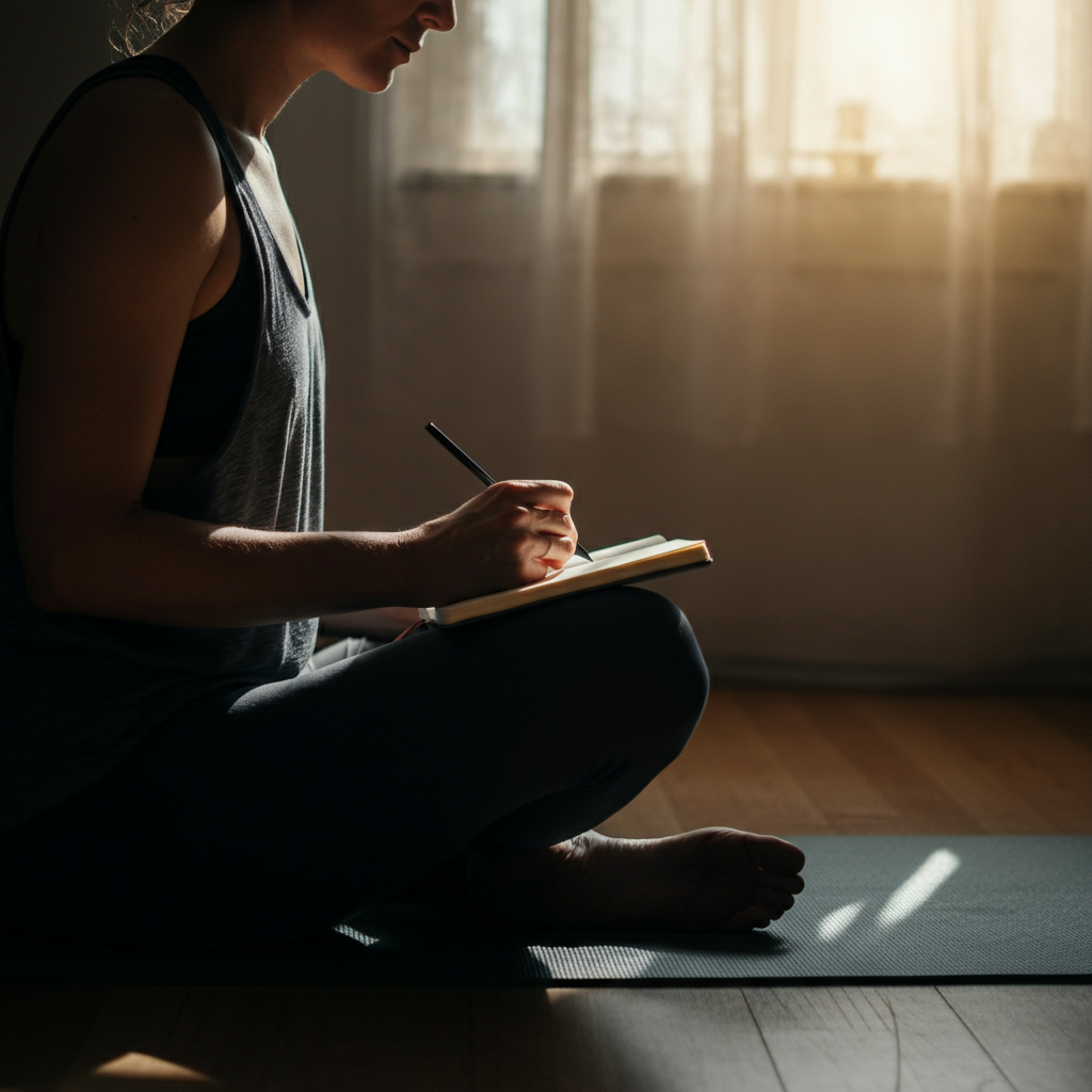 A person sits cross-legged on a yoga mat in a sunlit room, journaling in a notebook. Soft bokeh from a window in the background creates a peaceful atmosphere.