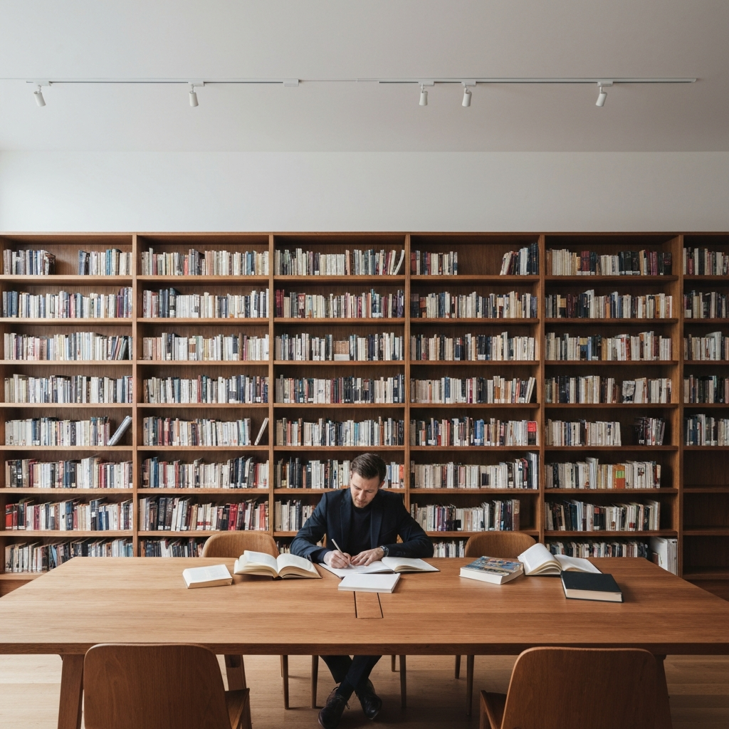 A warmly lit library with shelves filled with books. A person sits at a large wooden table, surrounded by open books, taking notes with a pen and paper.