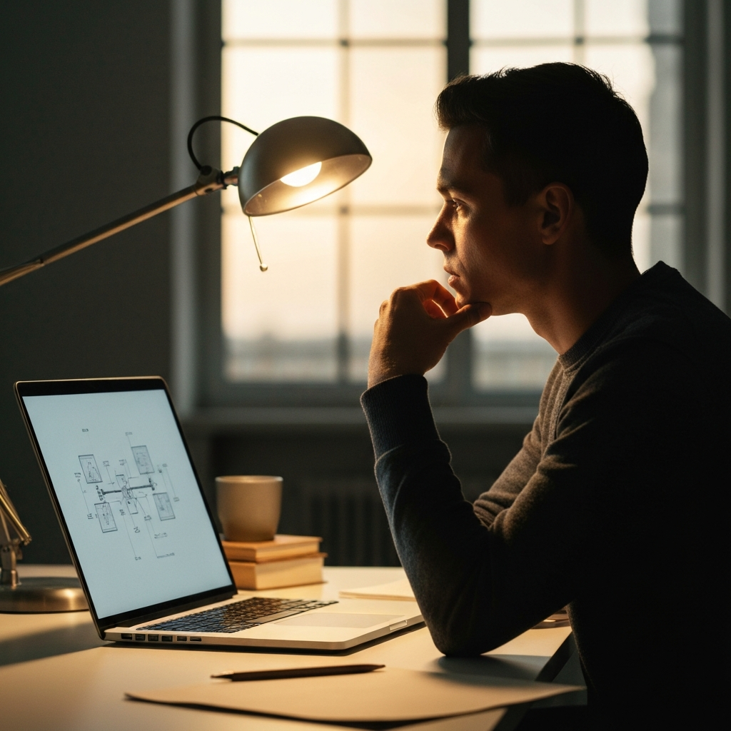 A person sits at a desk, illuminated by a focused desk lamp, with a laptop displaying a complex diagram. They are thoughtfully stroking their chin, appearing deep in concentration.