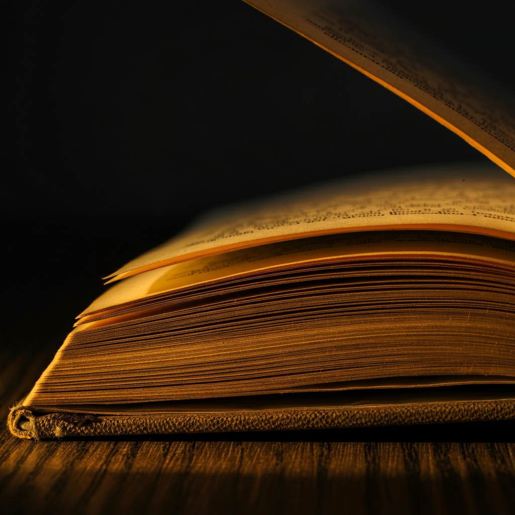 A close-up of a weathered journal lying open on a wooden table. Golden hour lighting illuminates the page, highlighting the texture of the paper and the ink.