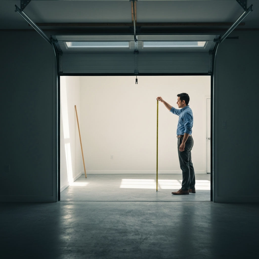 Wide shot of a clean, uncluttered garage with natural light streaming through the open door. A person is measuring the dimensions of the space with a tape measure, thoughtfully observing the layout.