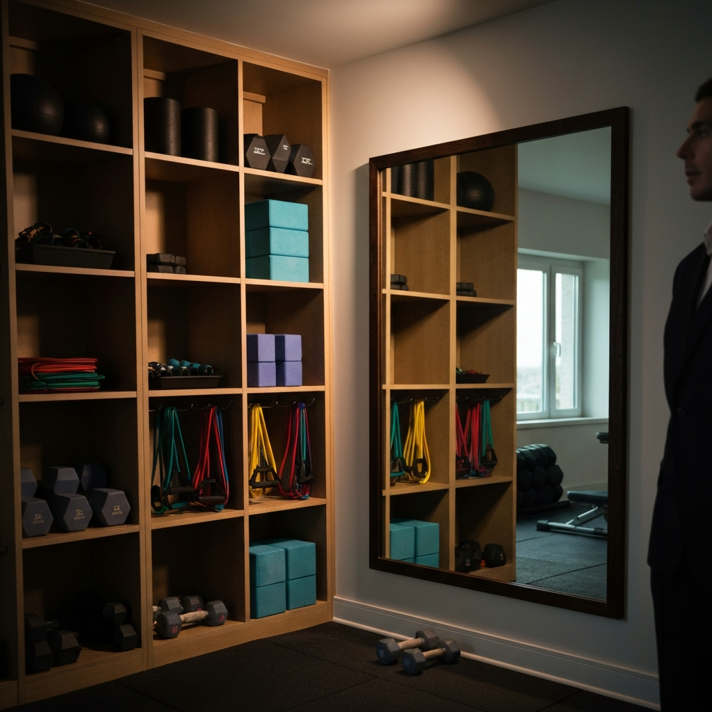 Side-lit textures of a well-organized home gym. Shelves are neatly arranged with resistance bands, yoga blocks, and small weights. A large mirror reflects the workout space, creating a sense of depth.