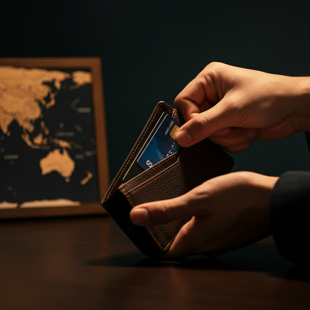 A close-up shot of a hand carefully selecting a credit card from a sleek leather wallet. Soft bokeh in the background shows a world map. The lighting is warm and inviting, highlighting the texture of the leather.
