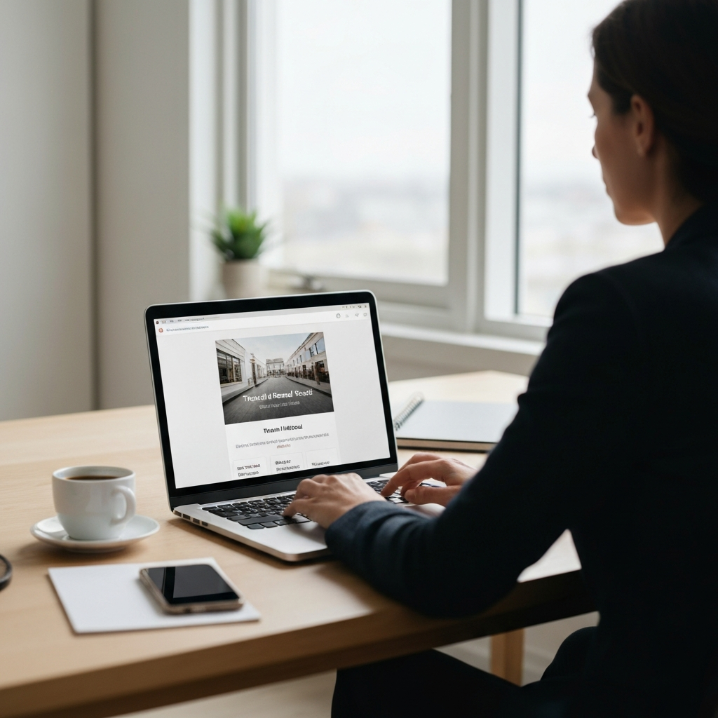A brightly lit home office setup with a person working on a laptop. The focus is on the screen, showing a travel rewards shopping portal. A cup of coffee sits beside the laptop, adding a touch of realism.