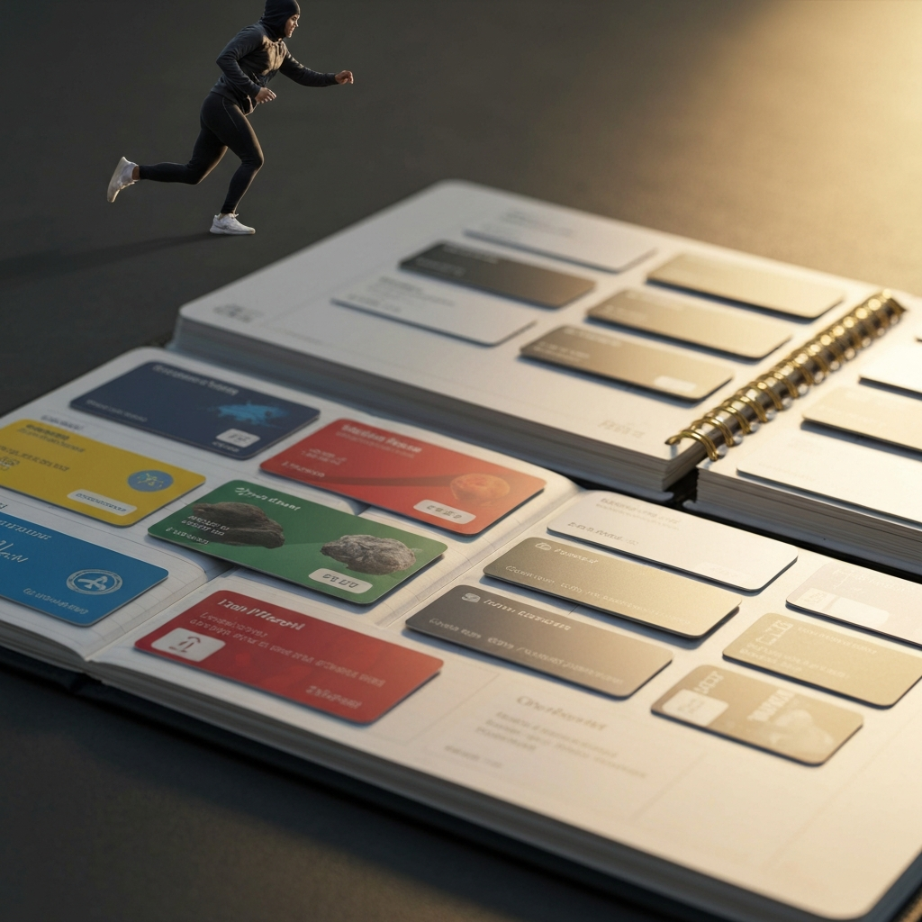 A well-organized travel planner with various airline and hotel loyalty program cards neatly arranged. The lighting is soft and diffused, emphasizing the details of the cards and planner.