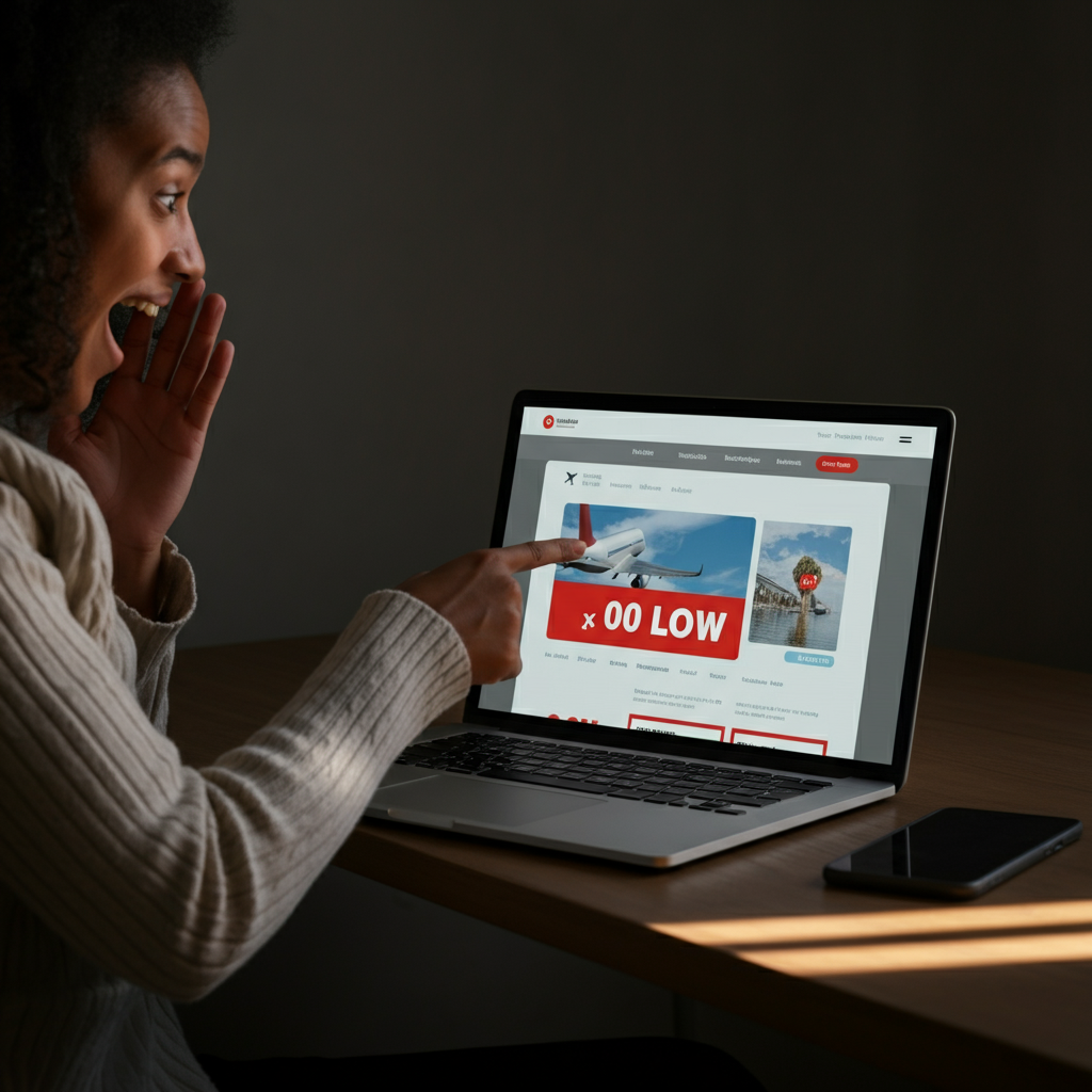 A person excitedly pointing at a laptop screen displaying a flight booking website with a dramatically low fare. Natural light streams in from a window, illuminating the person's face.