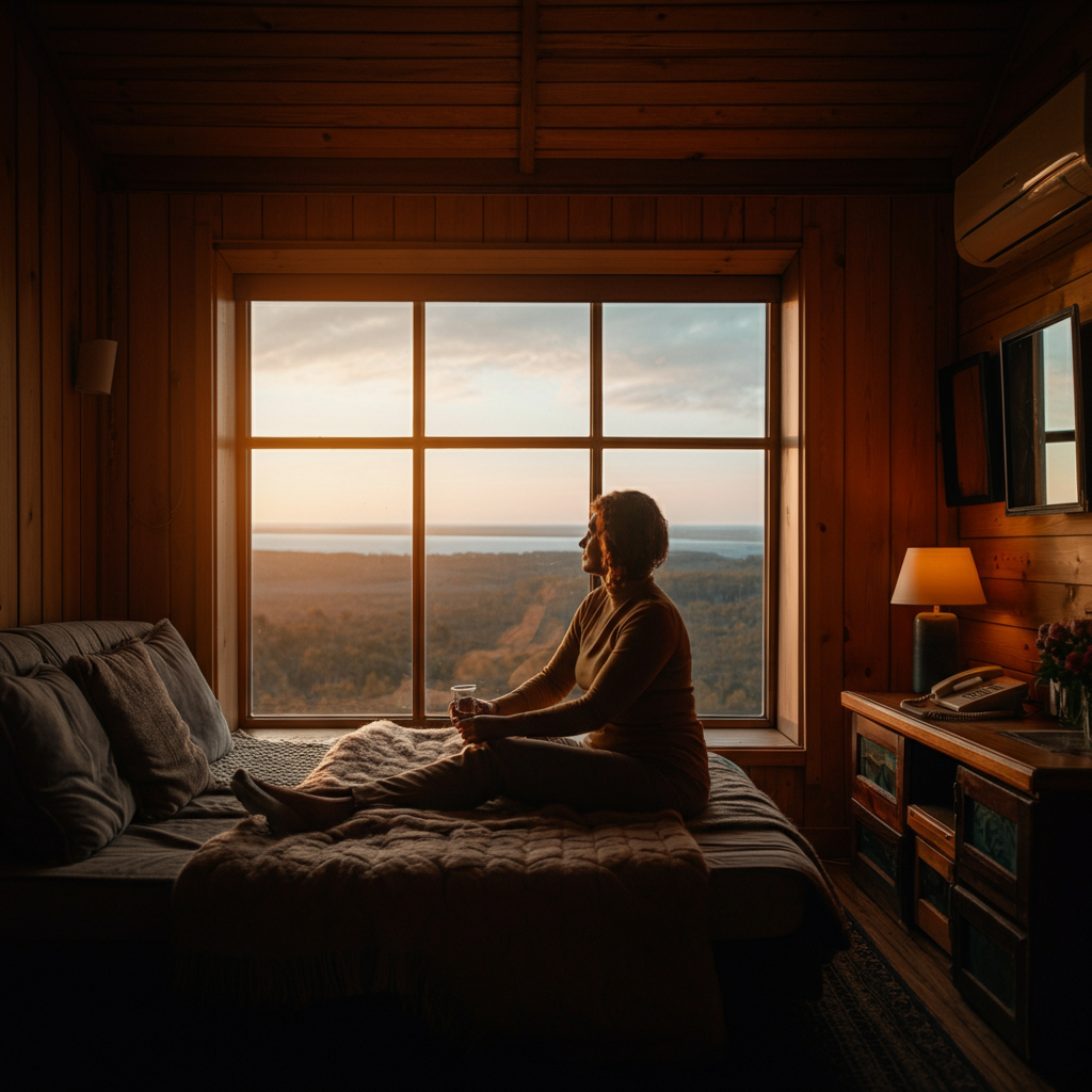 A cozy and inviting Airbnb room with a large window overlooking a scenic landscape. Warm, natural light fills the room, highlighting the comfortable furnishings.