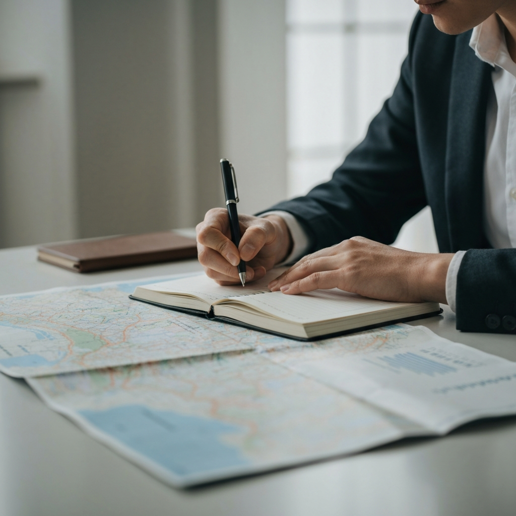 A person meticulously planning their travel budget using a notebook and pen. A map of the destination is spread out on the table beside them. Soft, diffused light creates a calm and focused atmosphere.
