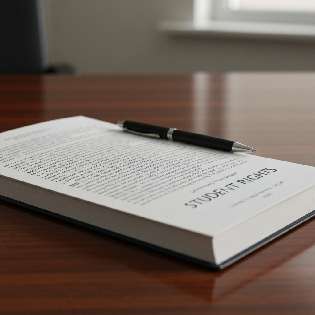 A close-up shot of a law book titled "Student Rights" lying on a polished wooden desk. The book is partially open, revealing highlighted text. A pen rests on top of the book. The lighting is even and professional, highlighting the texture of the book's cover and the sheen of the desk.