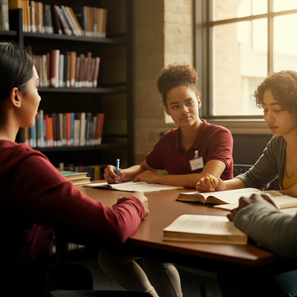 A group of diverse students sitting at a table in a school library, studying together. One student is introducing themselves, with a name tag clearly displaying their pronouns. The lighting is warm and inviting, with natural light streaming in from a nearby window. The books on the table add texture and depth to the scene.