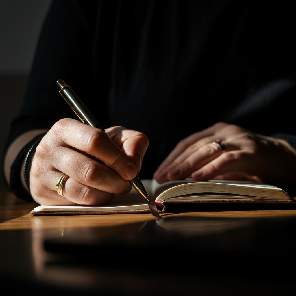 A person writing in a journal, bathed in soft golden hour light. The focus is on the person's hands and the journal. The scene conveys a sense of introspection and self-reflection. The surrounding environment is blurred to emphasize the personal nature of the activity.
