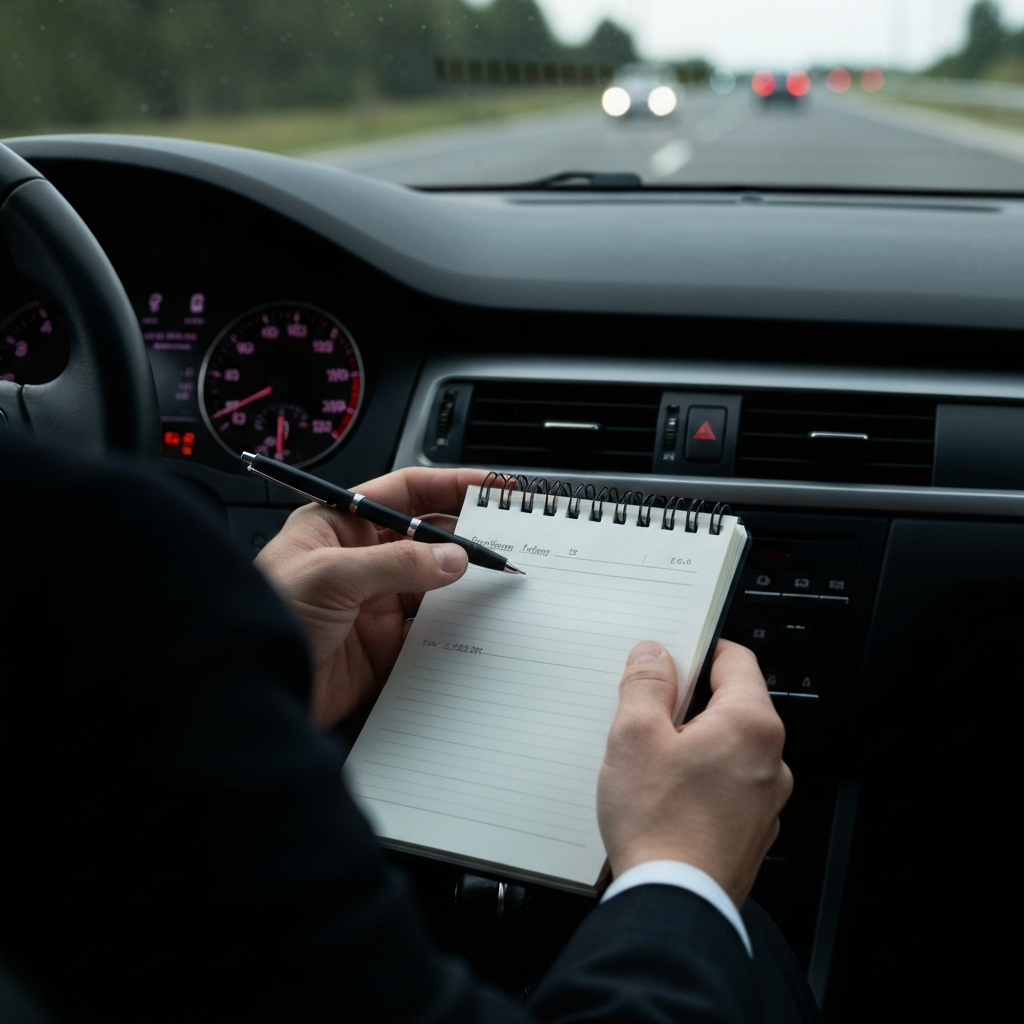 Interior car view. A hand holds a small notepad and pen, illuminated by the dashboard lights, noting the details of a noise. Soft focus on the road outside.