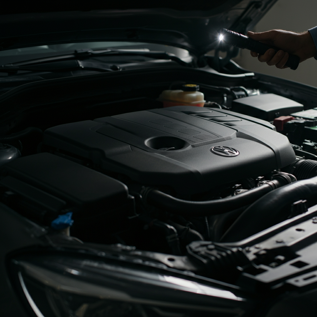 Wide shot of an open car engine bay, with a person pointing a flashlight to inspect various engine components. Natural daylight filling the scene.