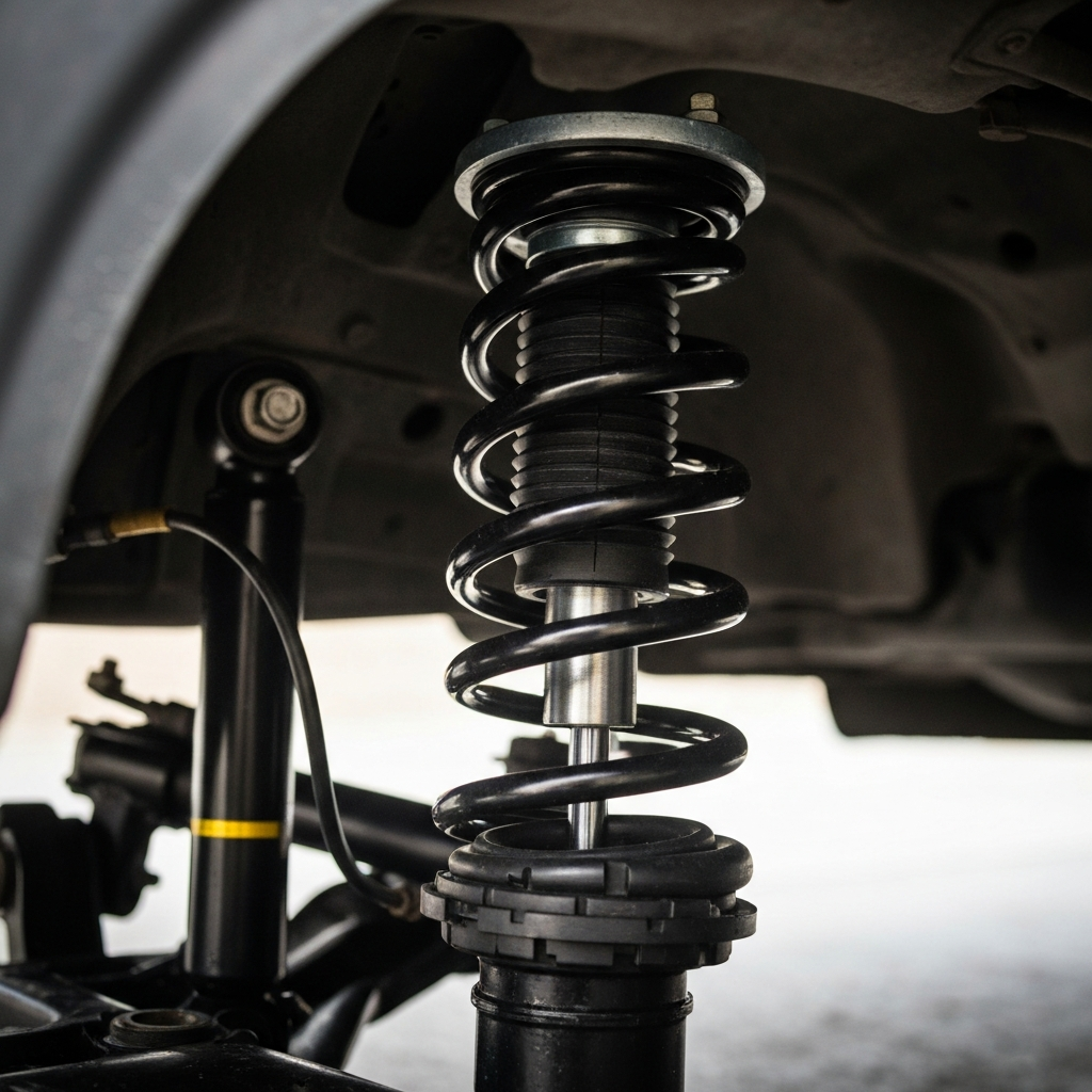 Extreme close-up of a car's suspension system, with a focus on the shock absorber and spring. Soft, diffused lighting to show detail.